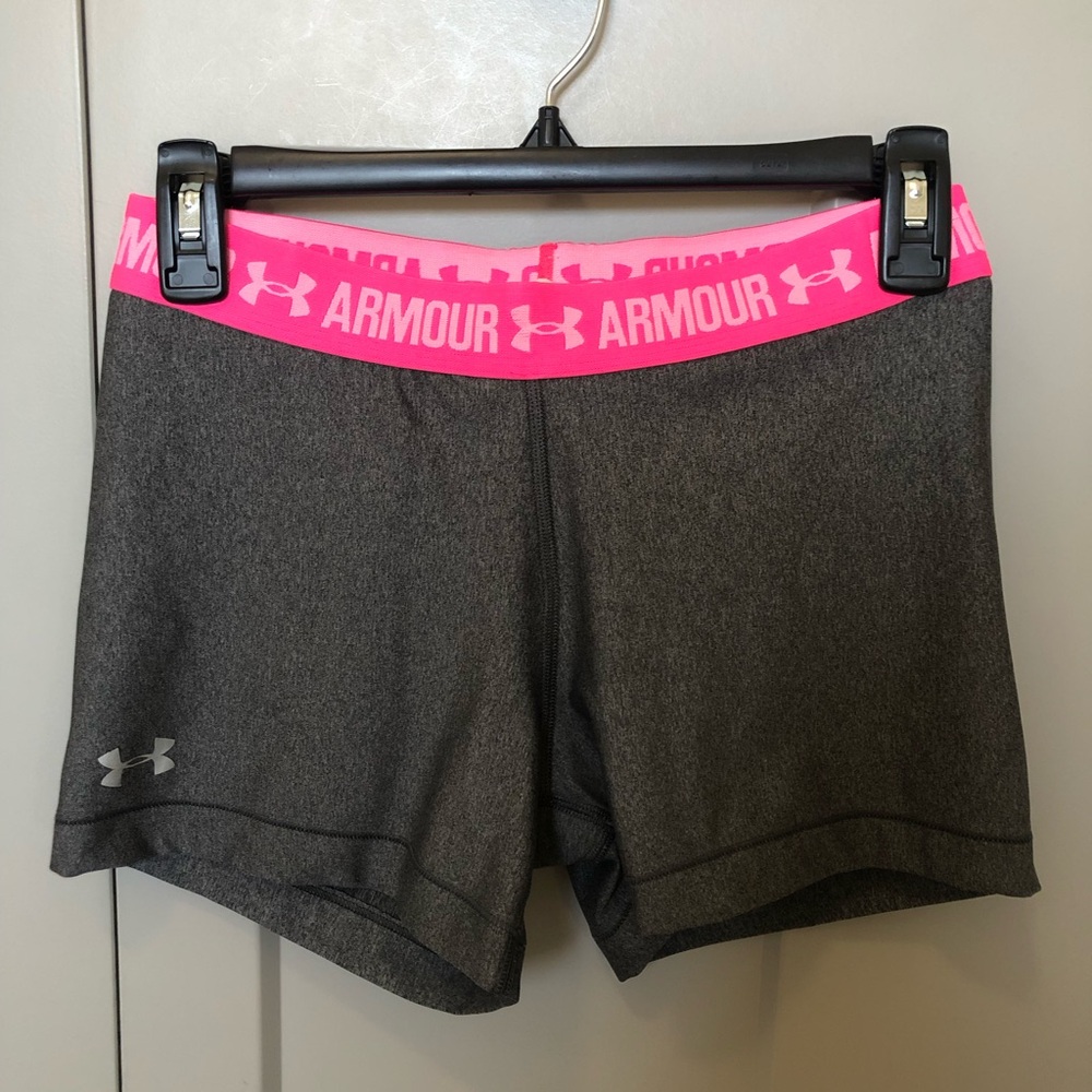 Medium gray and pink Under Armour compression shorts
